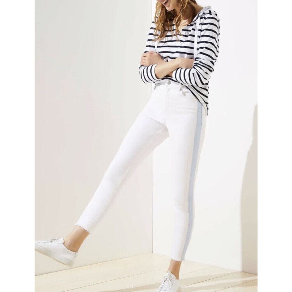 Loft High Waist Skinny Crop Sz 25/0 White Blue Side Stripe Jeans Raw Hem Denim